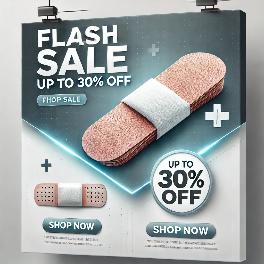DALL·E 2025-03-19 22.01.01 - A modern medical sale banner featuring a pack of bandages. The banner includes a clean and professional design with a 'Flash Sale' text, a discount of