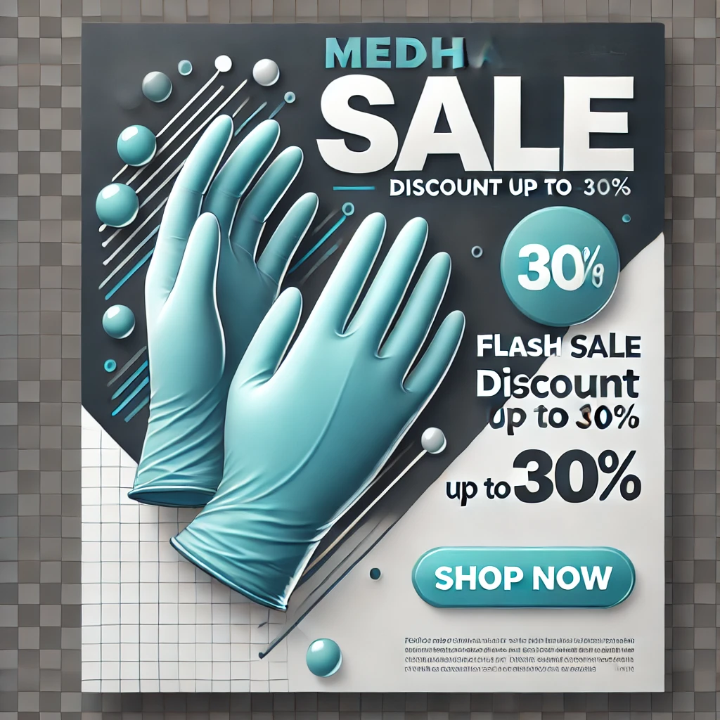 DALL·E 2025-03-19 22.18.02 - A modern medical sale banner featuring a set of disposable medical gloves. The banner has a clean and professional design, using the primary colors #0